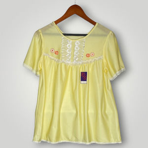 Vintage 1970s Yellow Nylon Pajama Top Embroidered Beauty Queen Top NWT